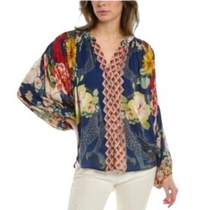 Johnny Was Jader Blouse Women S Blue Dragon Floral Silk Dolman Sleeve Boho Top